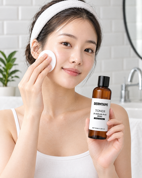 Applying Dermtape Acne Toner with a cotton pad